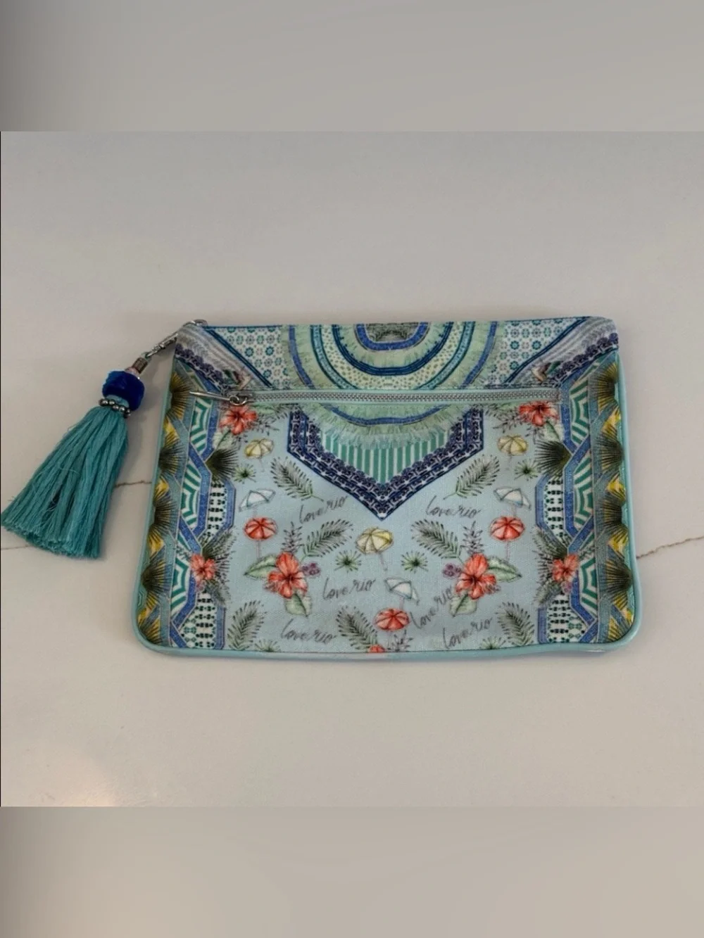 Camilla Shades of Rio Floral Blue-Green Canvas Tassel Clutch